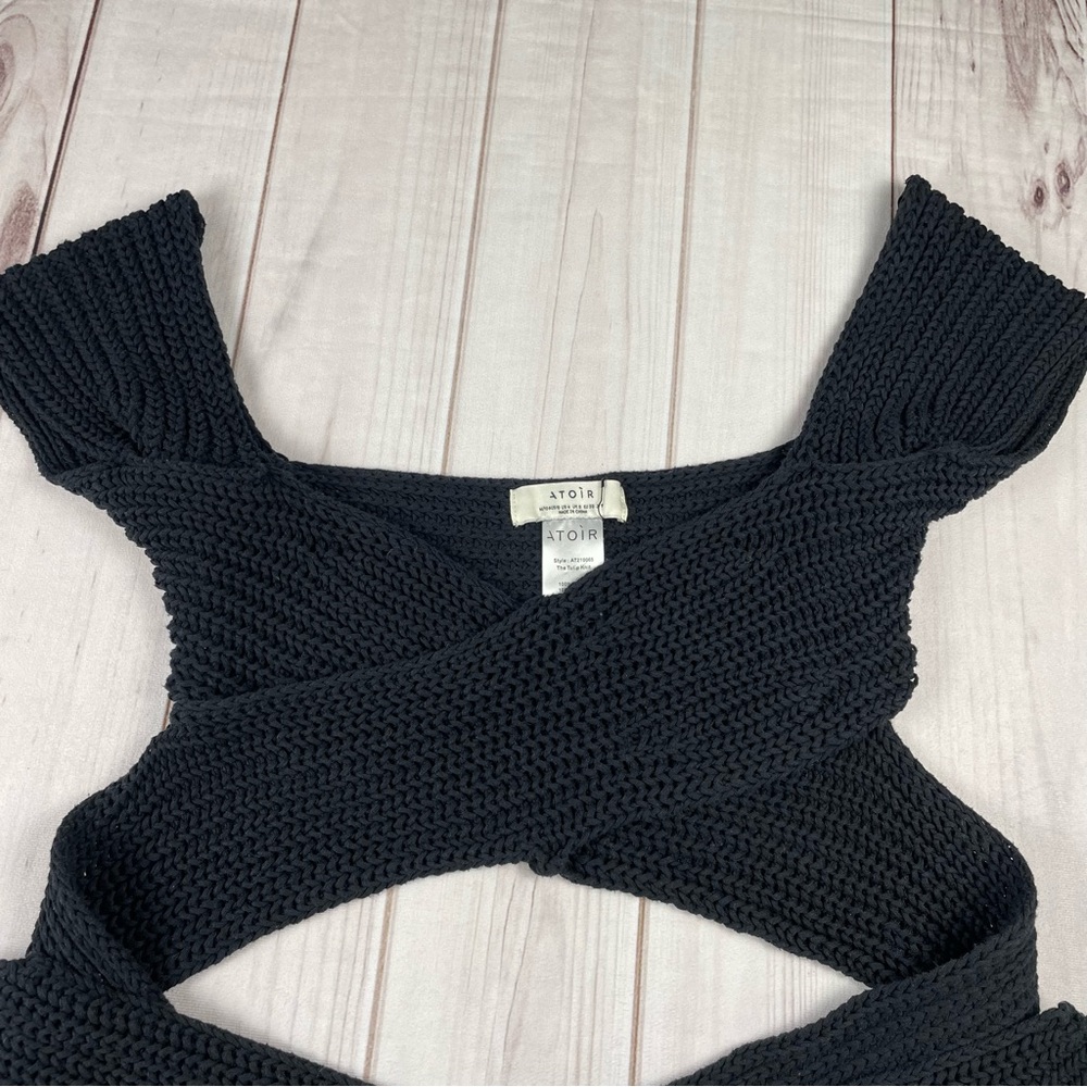Atoir Tulip Chunky Knit Top Womens 6 Black Cropped Wrap Tie Surplice 100% Cotton - Picture 5 of 14